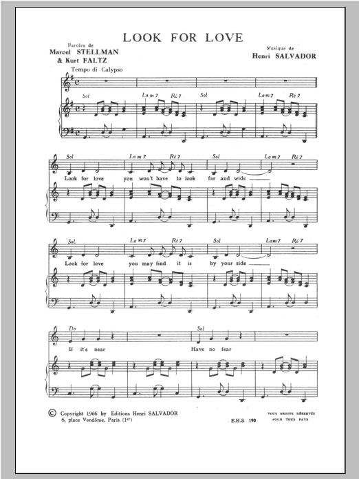 Henri Salvador Look For Love sheet music, chords, lyrics - Printable PDF for Piano & Vocal