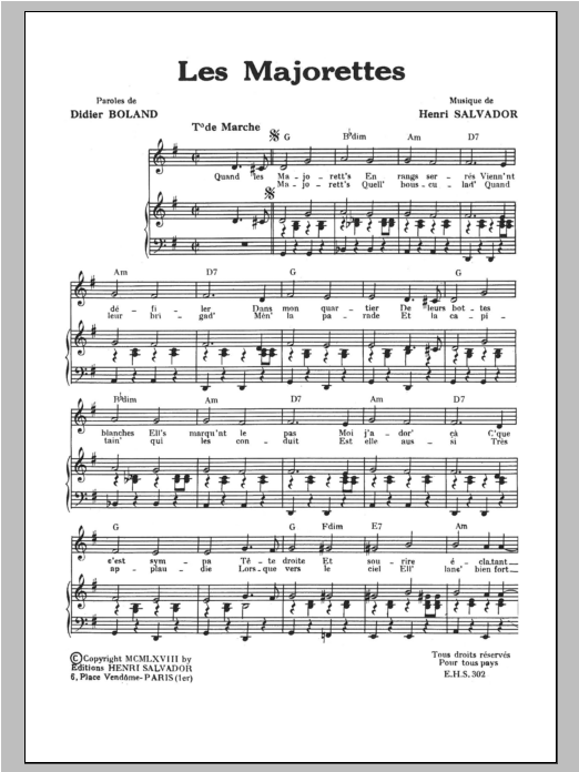 Henri Salvador Majorettes sheet music, chords, lyrics - Printable PDF for Piano & Vocal