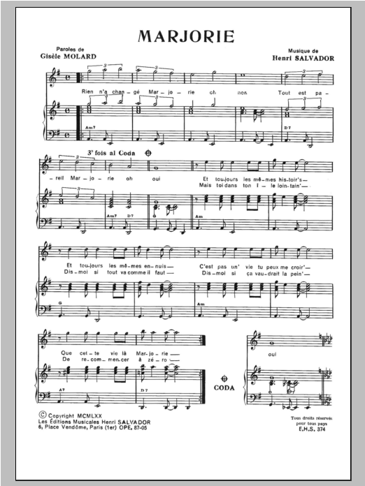 Henri Salvador Marjorie sheet music, chords, lyrics - Printable PDF for Piano & Vocal