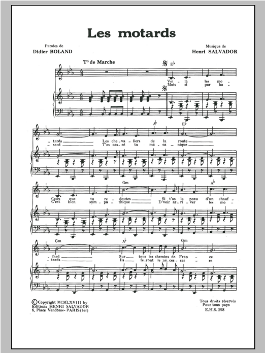 Henri Salvador Motards, Les sheet music, chords, lyrics - Printable PDF for Piano & Vocal