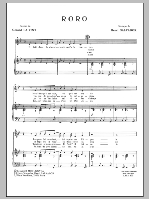 Henri Salvador Roro sheet music, chords, lyrics - Printable PDF for Piano & Vocal