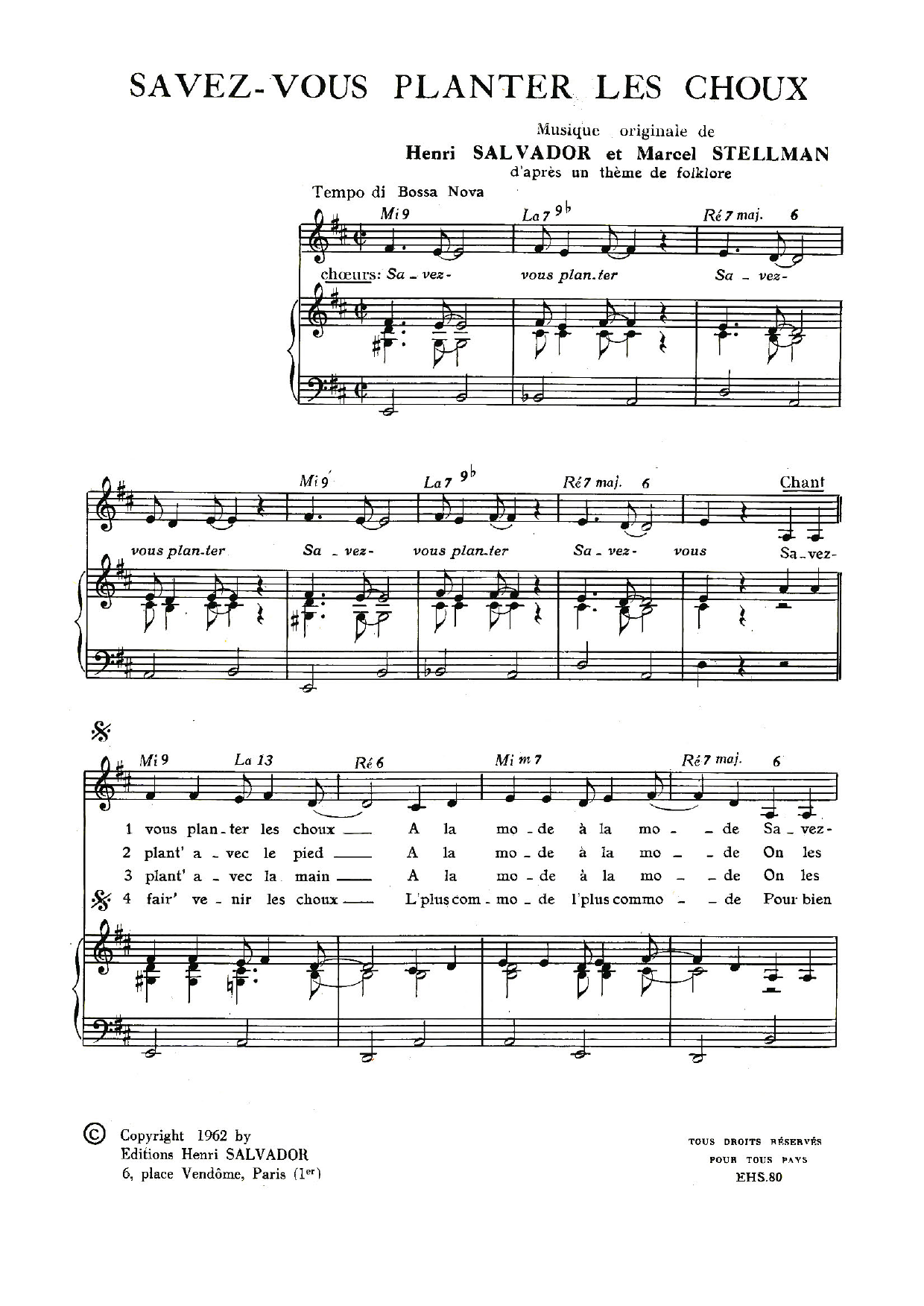 Henri Salvador Savez-Vous Planter Les Choux? sheet music, chords, lyrics - Printable PDF for Piano & Vocal
