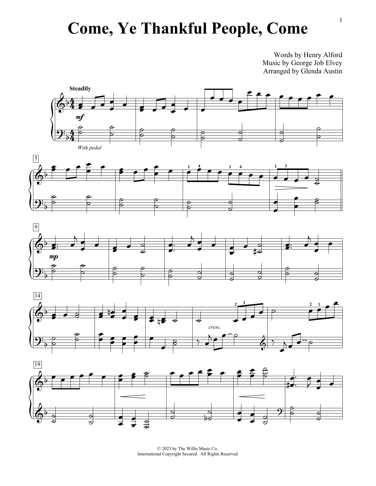 Henry Alford and George Job Elvey Come, Ye Thankful People, Come (arr. Glenda Austin) sheet music, chords, lyrics - Printable PDF for Educational Piano