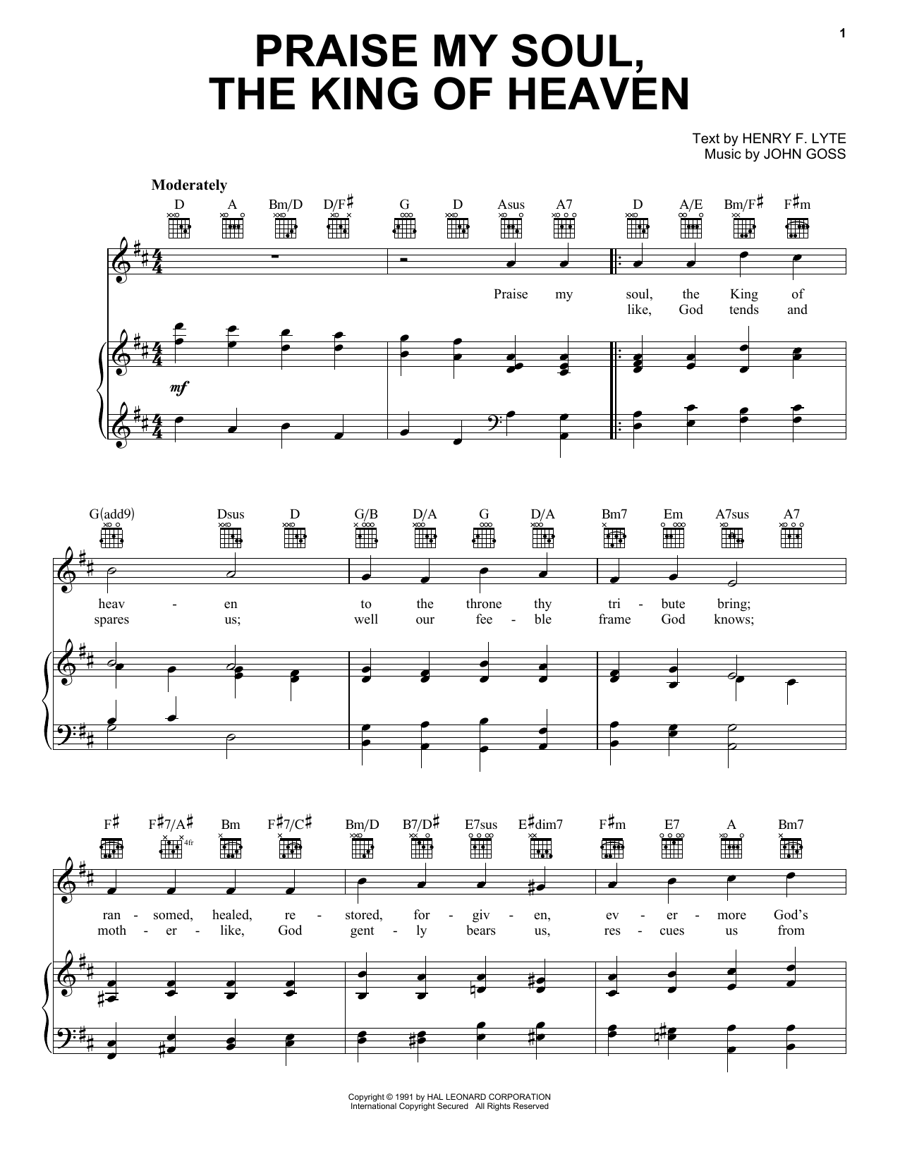 Henry F. Lyte Praise, My Soul, The King Of Heaven sheet music, chords, lyrics - Printable PDF for Piano, Vocal & Guitar Chords (Right-Hand Melody)