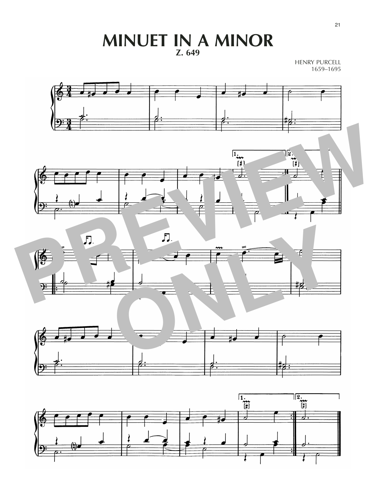 Henry Purcell Minuet In A Minor, Z. 649 sheet music, chords, lyrics - Printable PDF for Piano Solo