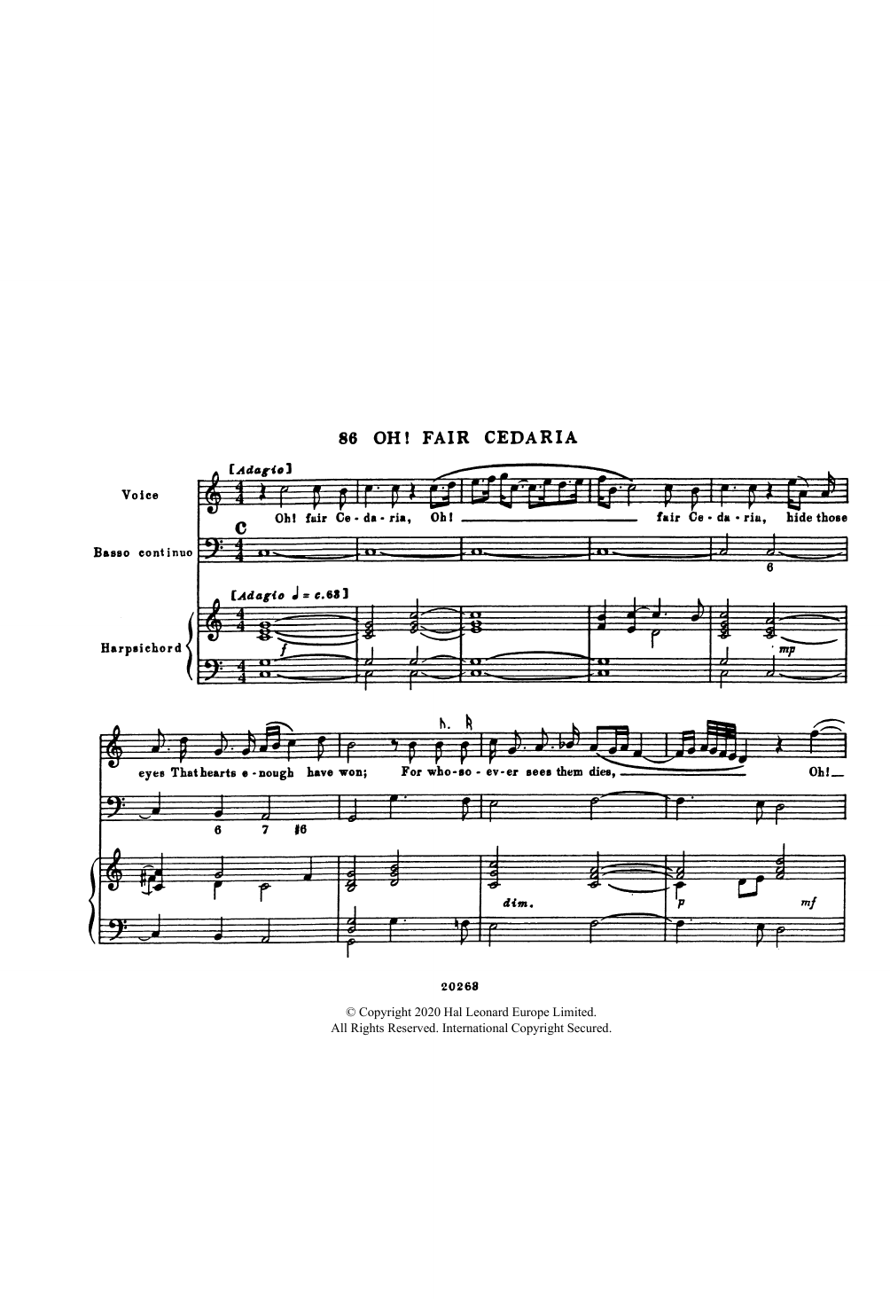 Henry Purcell Oh! Fair Cedaria (for Voice, Bass Continuo and Harpsichord) sheet music, chords, lyrics - Printable PDF for Piano & Vocal