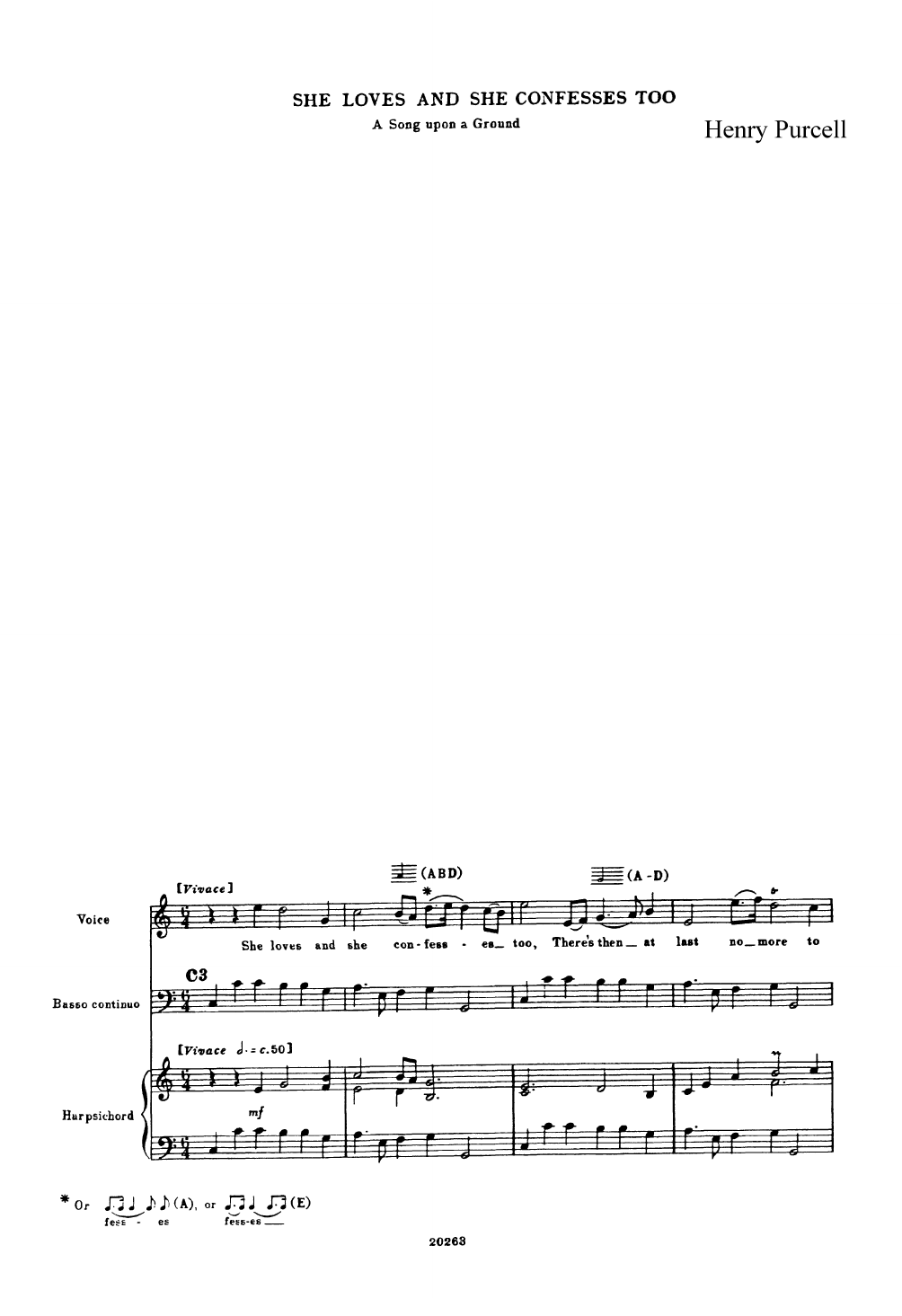 Henry Purcell She Loves and She Confessess Too (for Voice, Bass Continuo and Harpsichord) sheet music, chords, lyrics - Printable PDF for Piano & Vocal