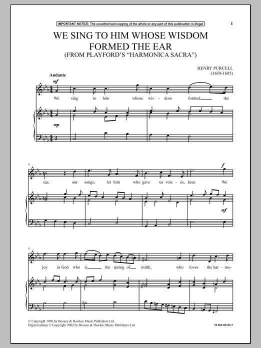Henry Purcell We Sing To Him Whose Wisdom Formed The Ear (From Playford's Harmonica Sacra) sheet music, chords, lyrics - Printable PDF for Piano & Vocal