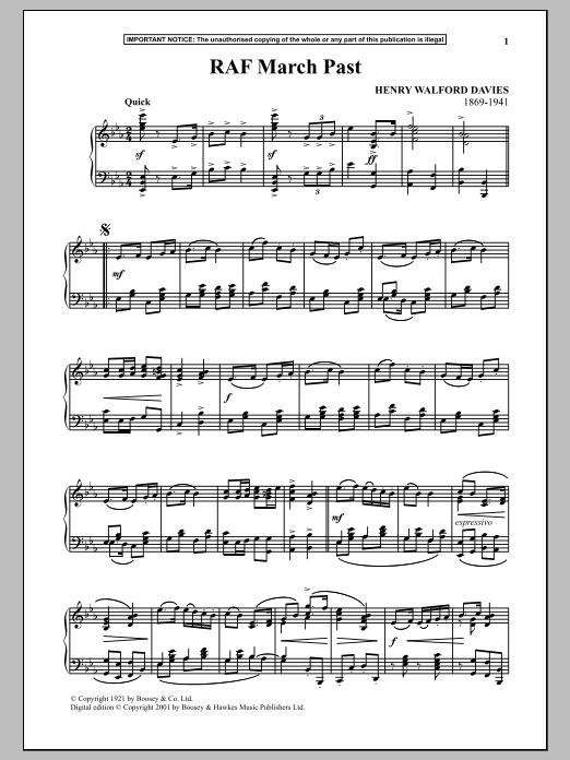 H. Walford Davies Royal Air Force March Past sheet music, chords, lyrics - Printable PDF for Piano