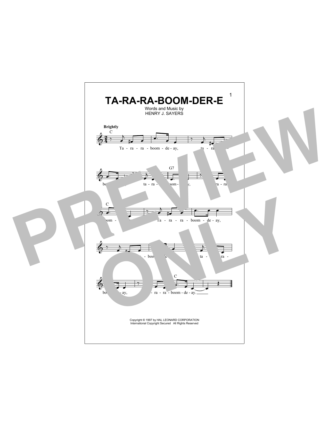 Henry J. Sayers Ta-Ra-Ra-Boom-Der-E sheet music preview music notes and score for E-Z Play Today including 2 page(s)
