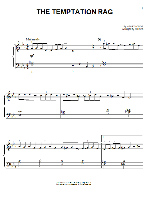 Henry Lodge The Temptation Rag sheet music preview music notes and score for Easy Piano including 3 page(s)