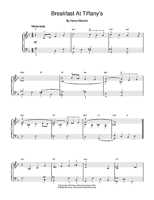 Learn to play Henry Mancini Breakfast At Tiffany's sheet music for Piano in minutes. Henry Mancini Breakfast At Tiffany's sheet music notes and chords