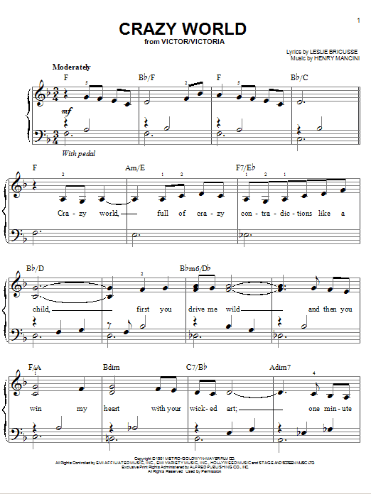 Learn to play Henry Mancini Crazy World sheet music for Easy Piano in minutes. Henry Mancini Crazy World sheet music preview music notes and score for Easy Piano including 4 page(s)