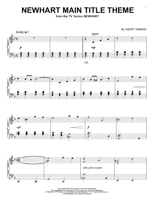Learn to play Henry Mancini Newhart Main Title Theme sheet music for Piano in minutes. Henry Mancini Newhart Main Title Theme sheet music preview music notes and score for Piano including 3 page(s)