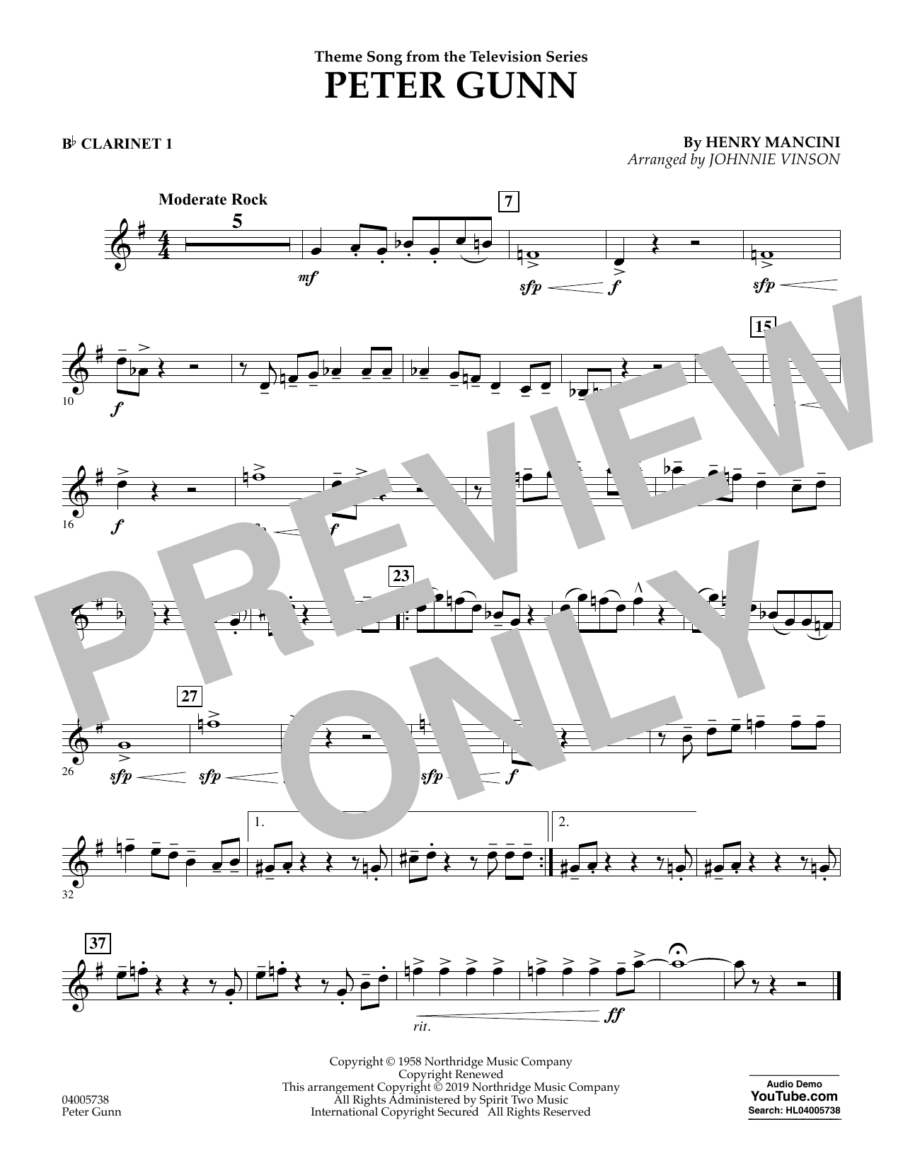 Learn to play Henry Mancini Peter Gunn (arr. Johnnie Vinson) - Bb Clarinet 1 sheet music for Concert Band in minutes. Henry Mancini Peter Gunn (arr. Johnnie Vinson) - Bb Clarinet 1 sheet music preview music notes and score for Concert Band including 1 page(s)