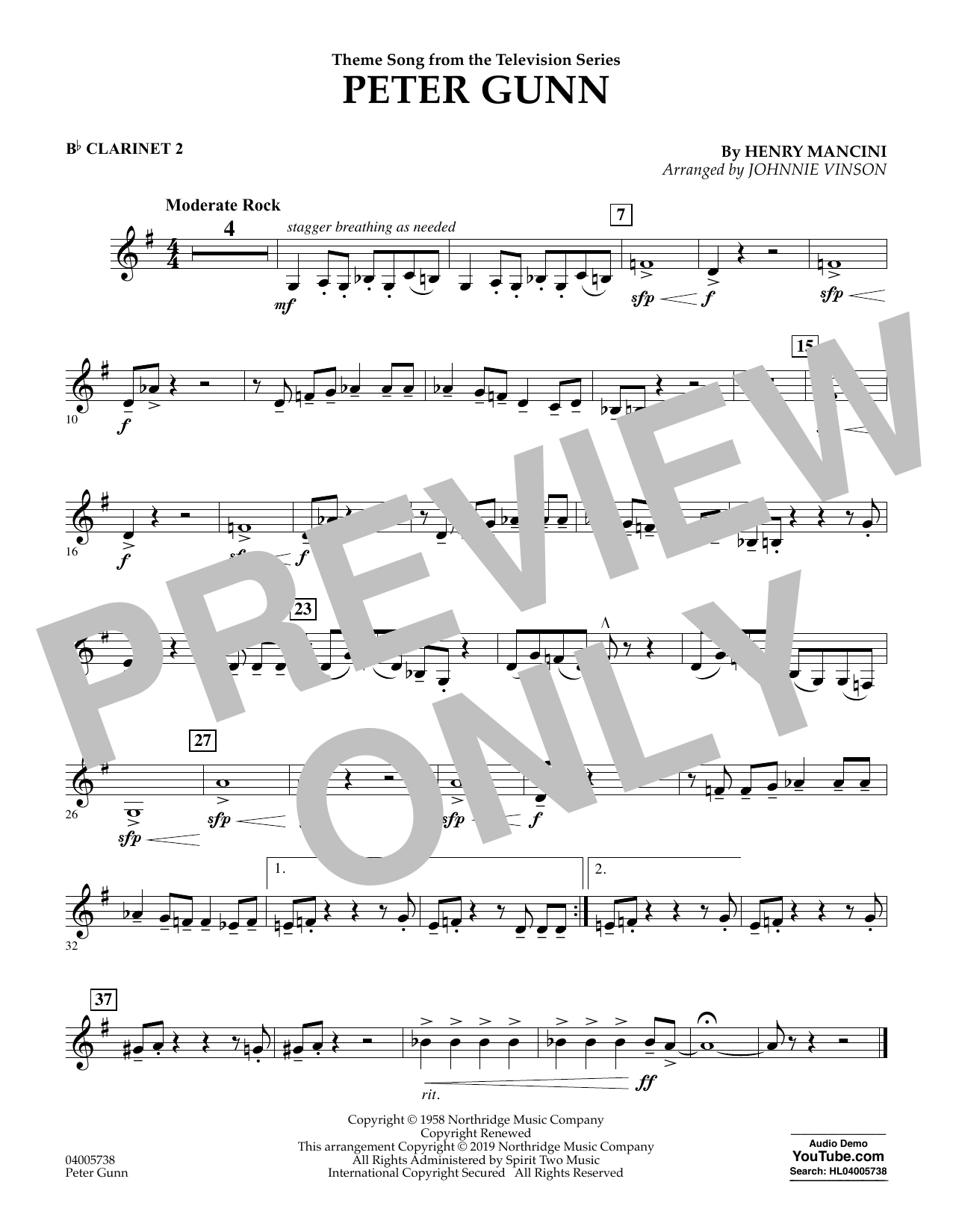 Learn to play Henry Mancini Peter Gunn (arr. Johnnie Vinson) - Bb Clarinet 2 sheet music for Concert Band in minutes. Henry Mancini Peter Gunn (arr. Johnnie Vinson) - Bb Clarinet 2 sheet music preview music notes and score for Concert Band including 1 page(s)