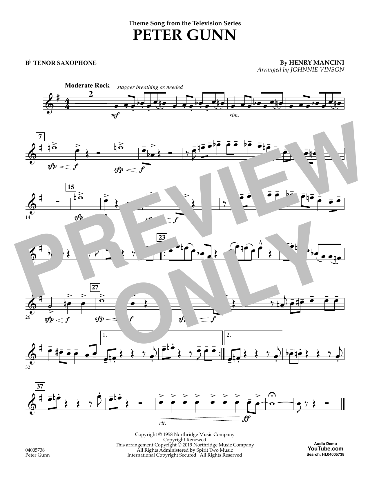Learn to play Henry Mancini Peter Gunn (arr. Johnnie Vinson) - Bb Tenor Saxophone sheet music for Concert Band in minutes. Henry Mancini Peter Gunn (arr. Johnnie Vinson) - Bb Tenor Saxophone sheet music preview music notes and score for Concert Band including 1 page(s)