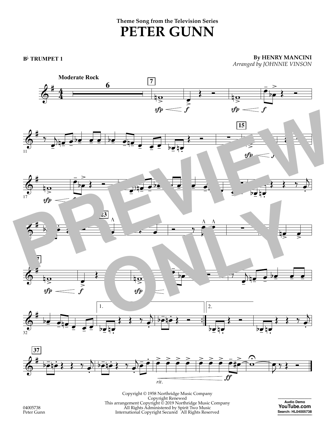 Learn to play Henry Mancini Peter Gunn (arr. Johnnie Vinson) - Bb Trumpet 1 sheet music for Concert Band in minutes. Henry Mancini Peter Gunn (arr. Johnnie Vinson) - Bb Trumpet 1 sheet music preview music notes and score for Concert Band including 1 page(s)