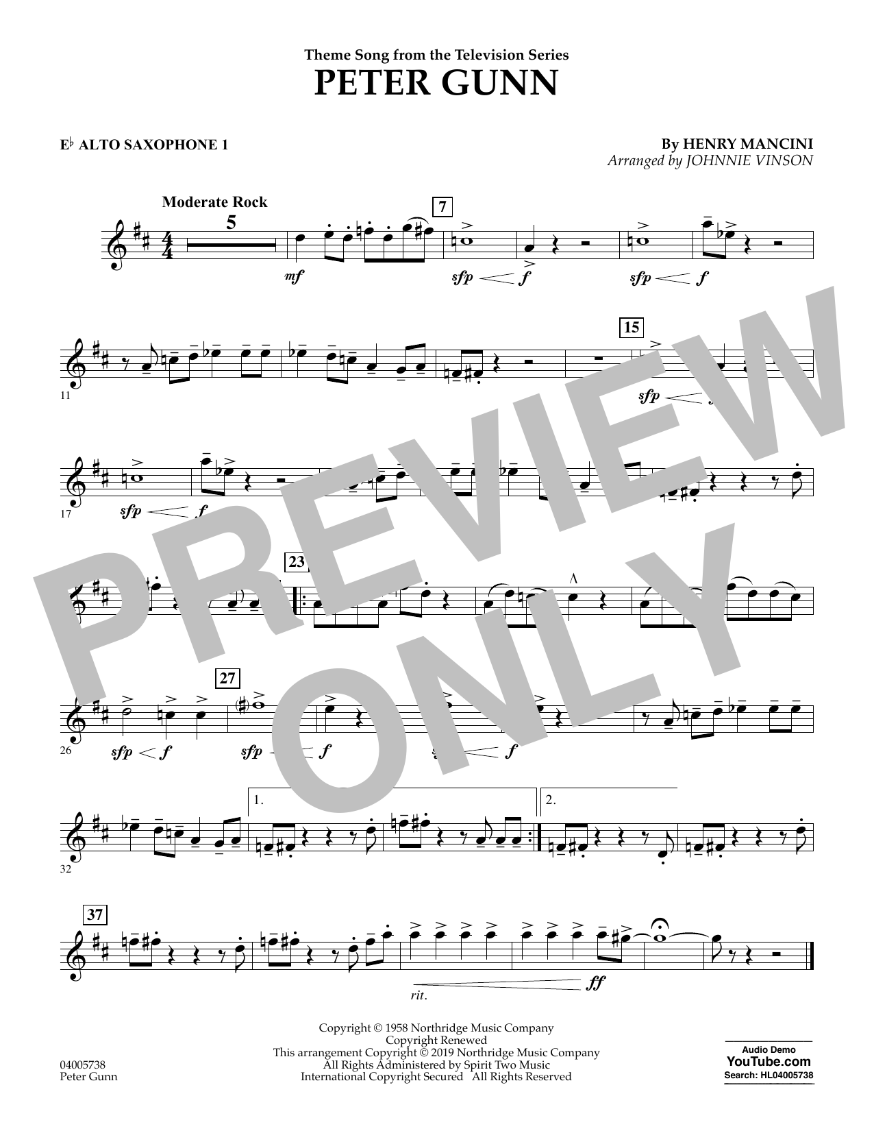 Learn to play Henry Mancini Peter Gunn (arr. Johnnie Vinson) - Eb Alto Saxophone 1 sheet music for Concert Band in minutes. Henry Mancini Peter Gunn (arr. Johnnie Vinson) - Eb Alto Saxophone 1 sheet music preview music notes and score for Concert Band including 1 page(s)