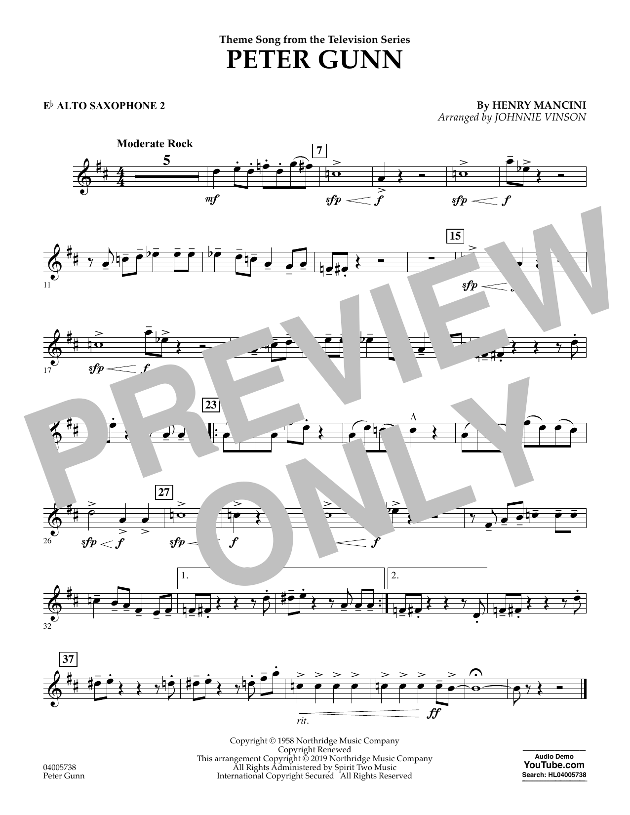 Learn to play Henry Mancini Peter Gunn (arr. Johnnie Vinson) - Eb Alto Saxophone 2 sheet music for Concert Band in minutes. Henry Mancini Peter Gunn (arr. Johnnie Vinson) - Eb Alto Saxophone 2 sheet music preview music notes and score for Concert Band including 1 page(s)