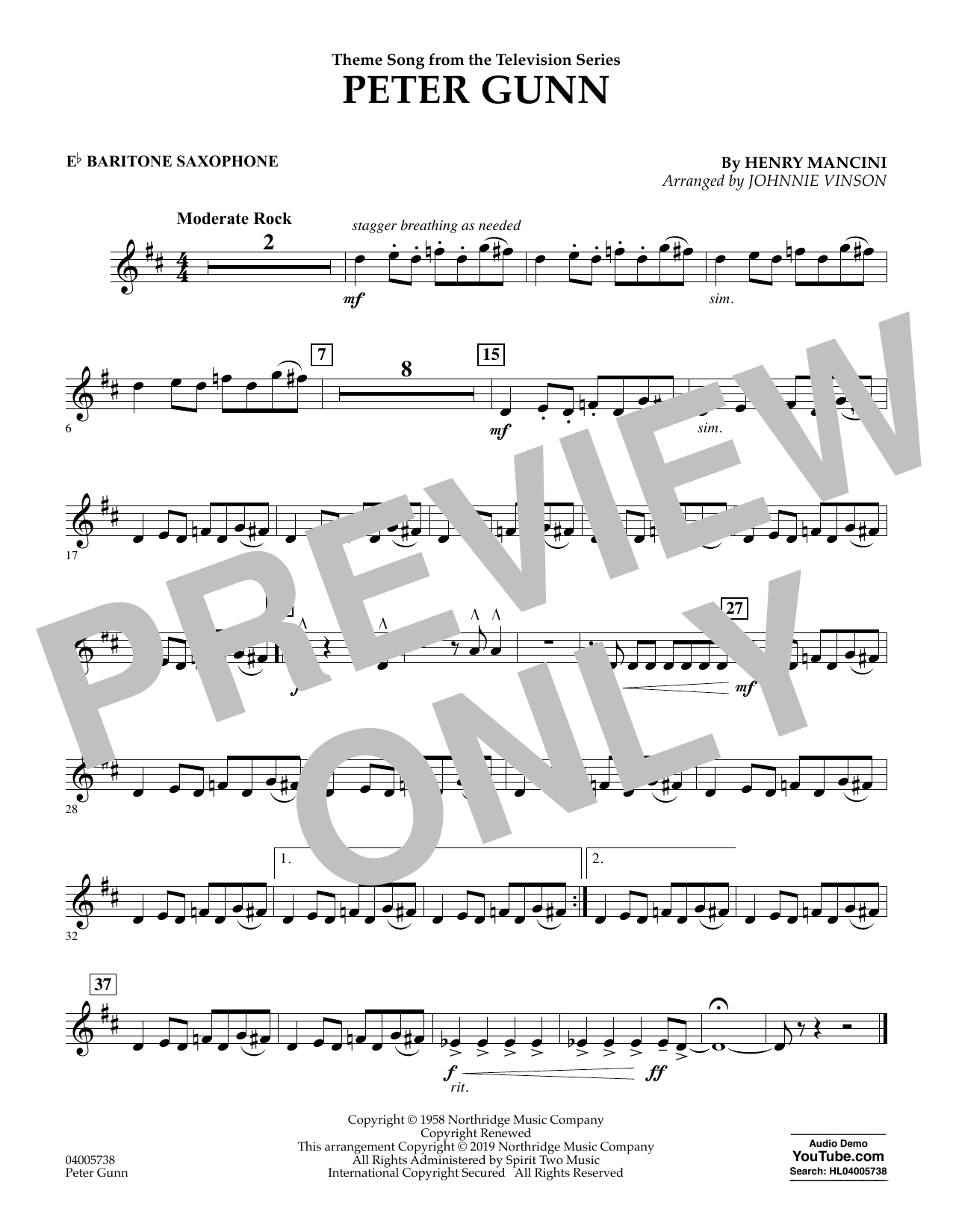 Learn to play Henry Mancini Peter Gunn (arr. Johnnie Vinson) - Eb Baritone Saxophone sheet music for Concert Band in minutes. Henry Mancini Peter Gunn (arr. Johnnie Vinson) - Eb Baritone Saxophone sheet music preview music notes and score for Concert Band including 1 page(s)