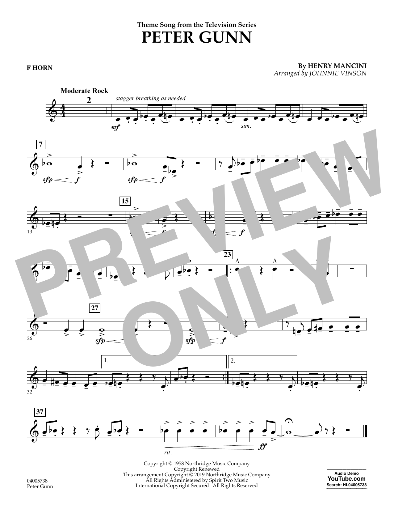 Learn to play Henry Mancini Peter Gunn (arr. Johnnie Vinson) - F Horn sheet music for Concert Band in minutes. Henry Mancini Peter Gunn (arr. Johnnie Vinson) - F Horn sheet music preview music notes and score for Concert Band including 1 page(s)