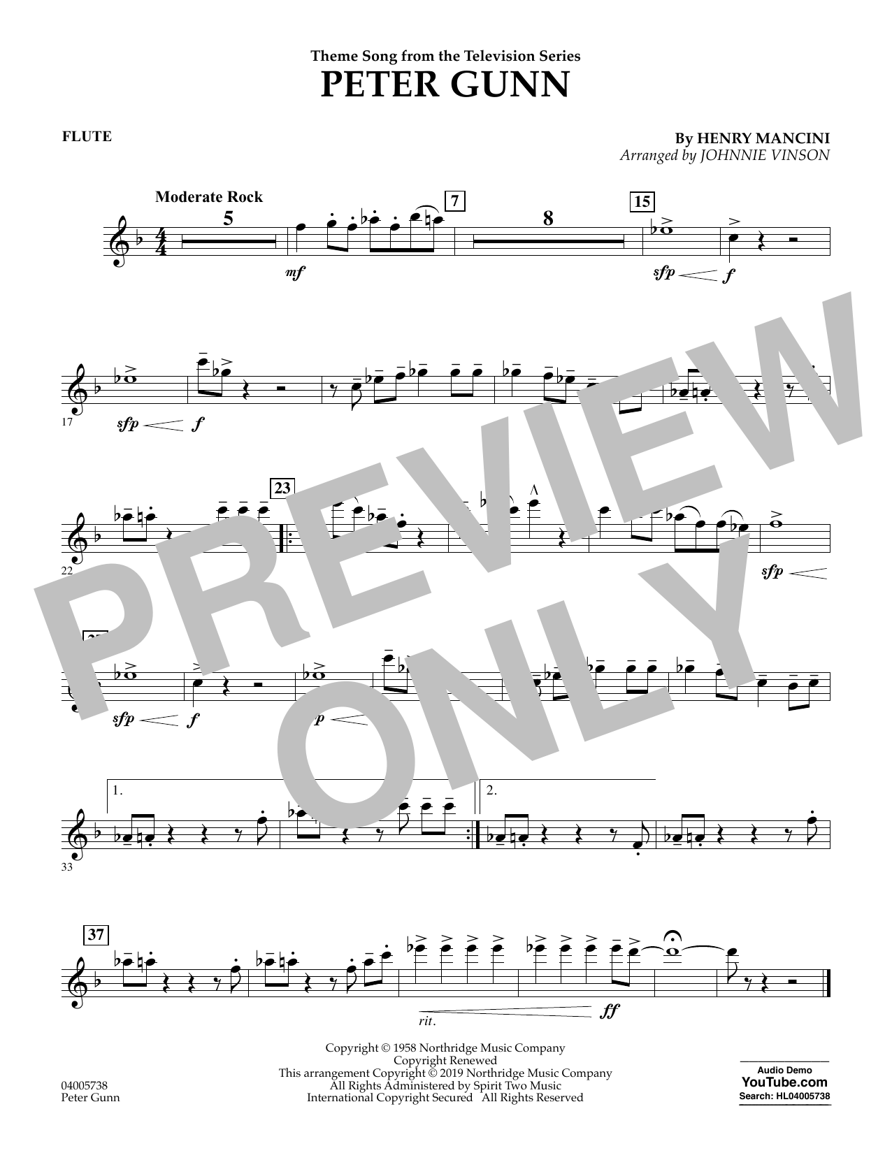 Learn to play Henry Mancini Peter Gunn (arr. Johnnie Vinson) - Flute sheet music for Concert Band in minutes. Henry Mancini Peter Gunn (arr. Johnnie Vinson) - Flute sheet music preview music notes and score for Concert Band including 1 page(s)