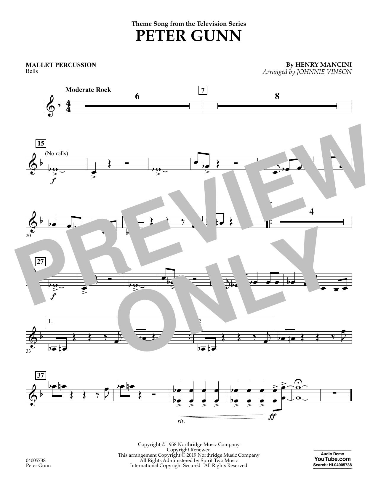 Learn to play Henry Mancini Peter Gunn (arr. Johnnie Vinson) - Mallet Percussion sheet music for Concert Band in minutes. Henry Mancini Peter Gunn (arr. Johnnie Vinson) - Mallet Percussion sheet music preview music notes and score for Concert Band including 1 page(s)
