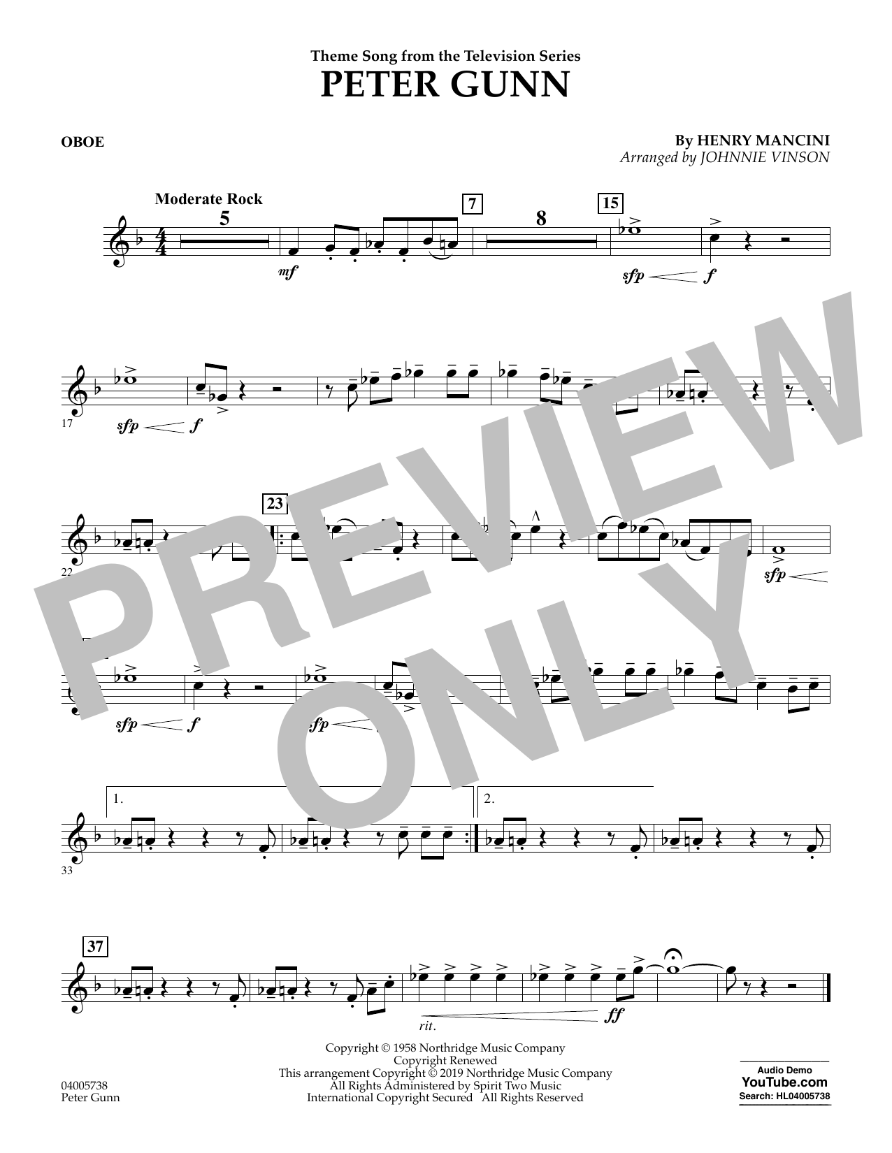 Learn to play Henry Mancini Peter Gunn (arr. Johnnie Vinson) - Oboe sheet music for Concert Band in minutes. Henry Mancini Peter Gunn (arr. Johnnie Vinson) - Oboe sheet music preview music notes and score for Concert Band including 1 page(s)