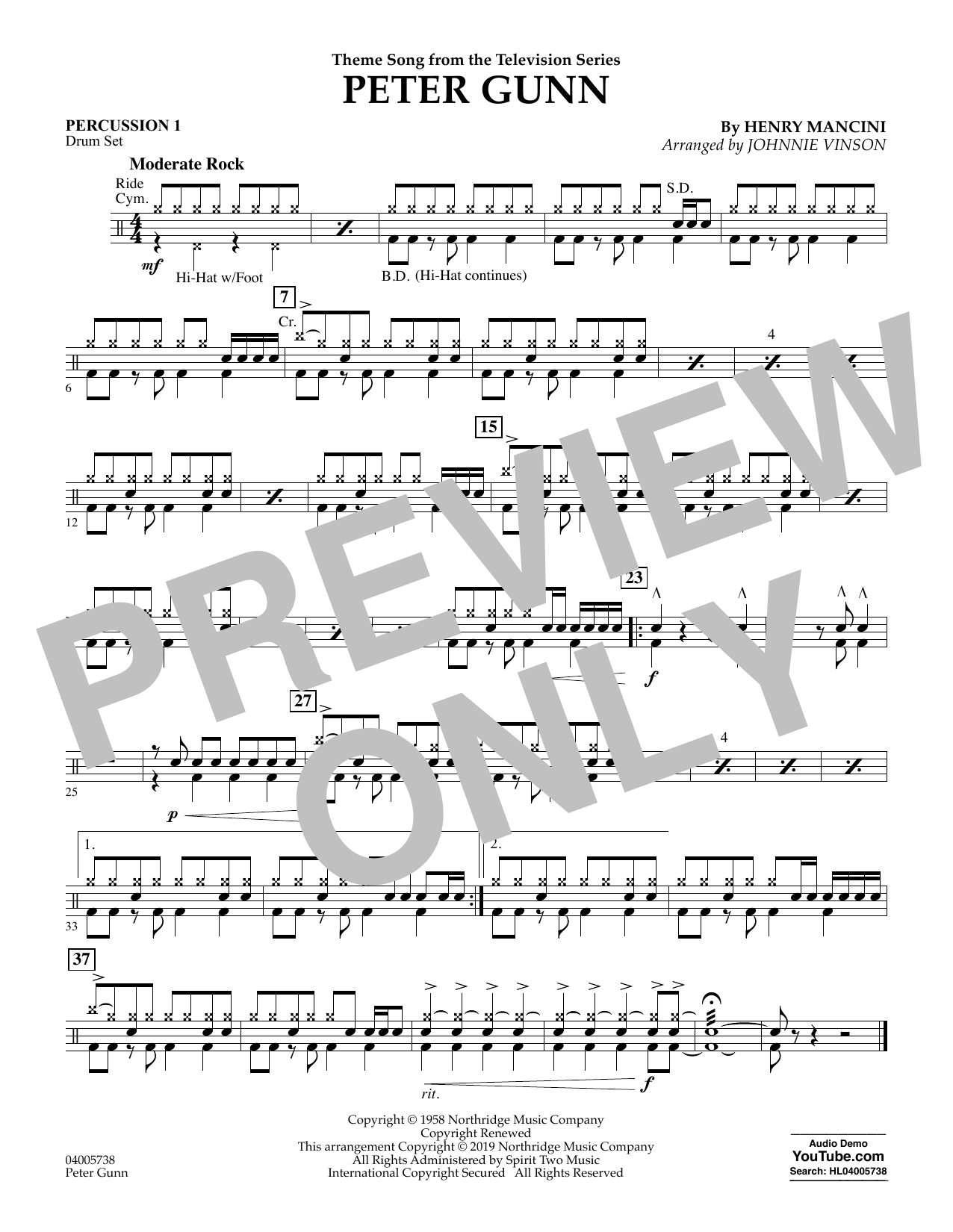 Learn to play Henry Mancini Peter Gunn (arr. Johnnie Vinson) - Percussion 1 sheet music for Concert Band in minutes. Henry Mancini Peter Gunn (arr. Johnnie Vinson) - Percussion 1 sheet music preview music notes and score for Concert Band including 1 page(s)