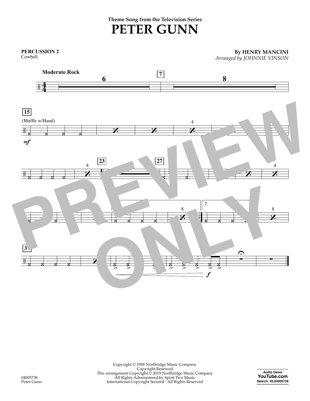 Learn to play Henry Mancini Peter Gunn (arr. Johnnie Vinson) - Percussion 2 sheet music for Concert Band in minutes. Henry Mancini Peter Gunn (arr. Johnnie Vinson) - Percussion 2 sheet music preview music notes and score for Concert Band including 1 page(s)
