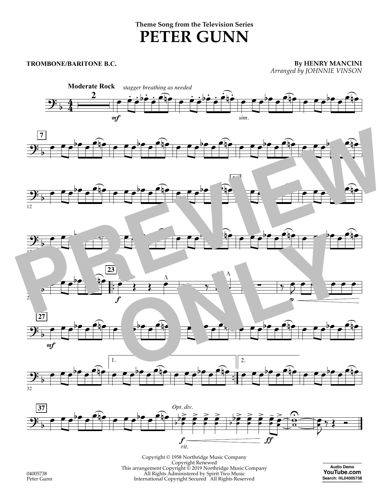 Learn to play Henry Mancini Peter Gunn (arr. Johnnie Vinson) - Trombone/Baritone B.C. sheet music for Concert Band in minutes. Henry Mancini Peter Gunn (arr. Johnnie Vinson) - Trombone/Baritone B.C. sheet music preview music notes and score for Concert Band including 1 page(s)