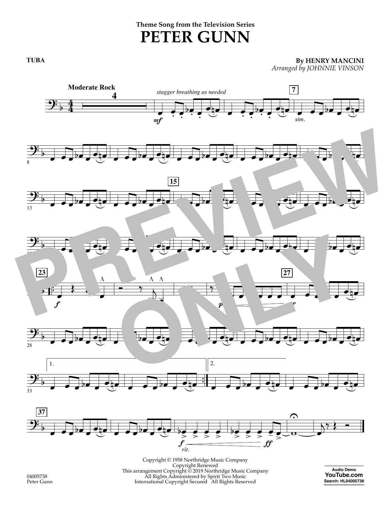 Learn to play Henry Mancini Peter Gunn (arr. Johnnie Vinson) - Tuba sheet music for Concert Band in minutes. Henry Mancini Peter Gunn (arr. Johnnie Vinson) - Tuba sheet music preview music notes and score for Concert Band including 1 page(s)
