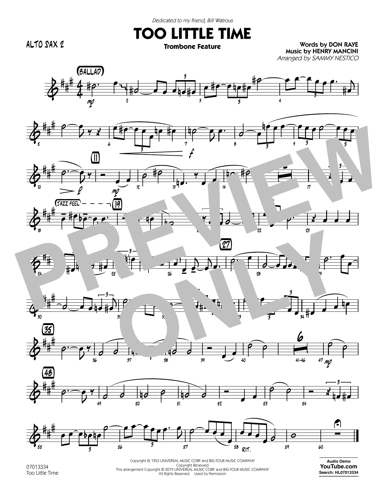 Learn to play Henry Mancini Too Little Time (arr. Sammy Nestico) - Conductor Score (Full Score) - Alto Sax 2 sheet music for Jazz Ensemble in minutes. Henry Mancini Too Little Time (arr. Sammy Nestico) - Conductor Score (Full Score) - Alto Sax 2 sheet music preview music notes and score for Jazz Ensemble including 1 page(s)