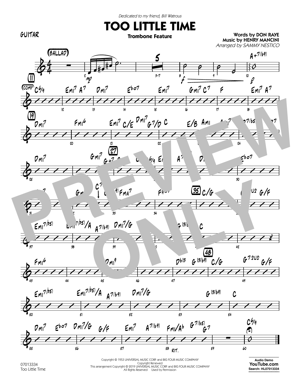Learn to play Henry Mancini Too Little Time (arr. Sammy Nestico) - Conductor Score (Full Score) - Guitar sheet music for Jazz Ensemble in minutes. Henry Mancini Too Little Time (arr. Sammy Nestico) - Conductor Score (Full Score) - Guitar sheet music preview music notes and score for Jazz Ensemble including 1 page(s)