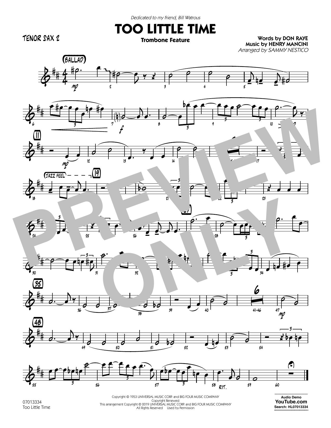Learn to play Henry Mancini Too Little Time (arr. Sammy Nestico) - Conductor Score (Full Score) - Tenor Sax 2 sheet music for Jazz Ensemble in minutes. Henry Mancini Too Little Time (arr. Sammy Nestico) - Conductor Score (Full Score) - Tenor Sax 2 sheet music preview music notes and score for Jazz Ensemble including 1 page(s)
