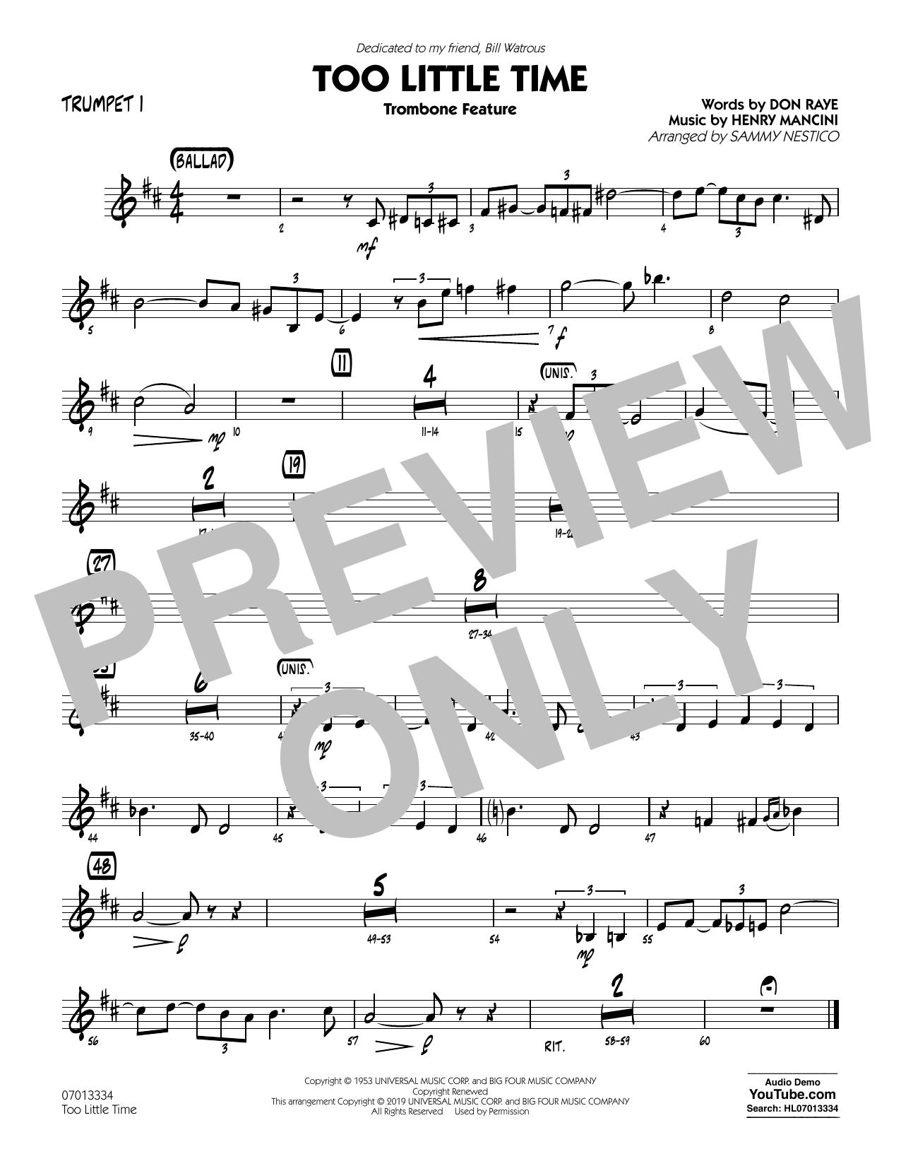 Learn to play Henry Mancini Too Little Time (arr. Sammy Nestico) - Conductor Score (Full Score) - Trumpet 1 sheet music for Jazz Ensemble in minutes. Henry Mancini Too Little Time (arr. Sammy Nestico) - Conductor Score (Full Score) - Trumpet 1 sheet music preview music notes and score for Jazz Ensemble including 1 page(s)