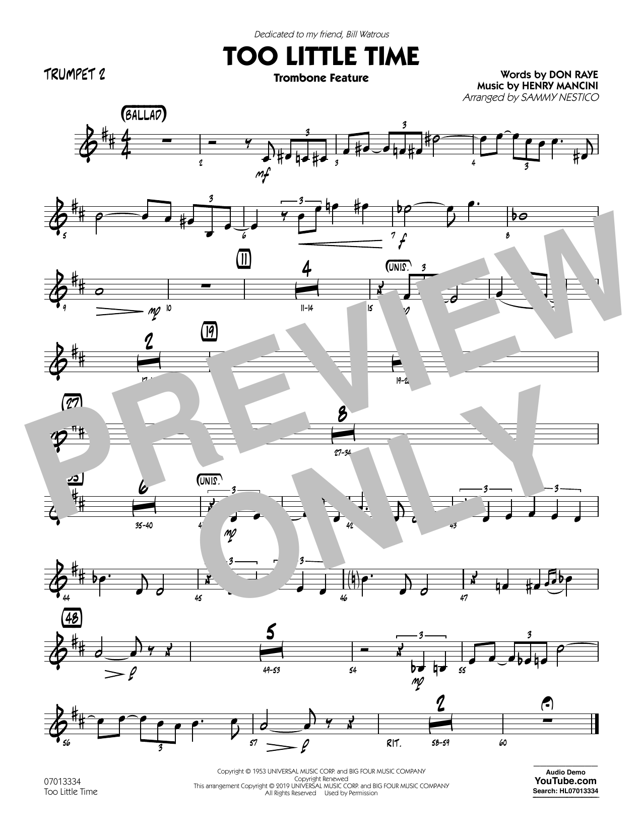 Learn to play Henry Mancini Too Little Time (arr. Sammy Nestico) - Conductor Score (Full Score) - Trumpet 2 sheet music for Jazz Ensemble in minutes. Henry Mancini Too Little Time (arr. Sammy Nestico) - Conductor Score (Full Score) - Trumpet 2 sheet music preview music notes and score for Jazz Ensemble including 1 page(s)