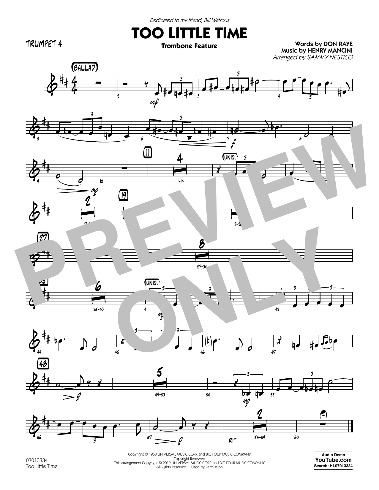 Learn to play Henry Mancini Too Little Time (arr. Sammy Nestico) - Conductor Score (Full Score) - Trumpet 4 sheet music for Jazz Ensemble in minutes. Henry Mancini Too Little Time (arr. Sammy Nestico) - Conductor Score (Full Score) - Trumpet 4 sheet music preview music notes and score for Jazz Ensemble including 1 page(s)