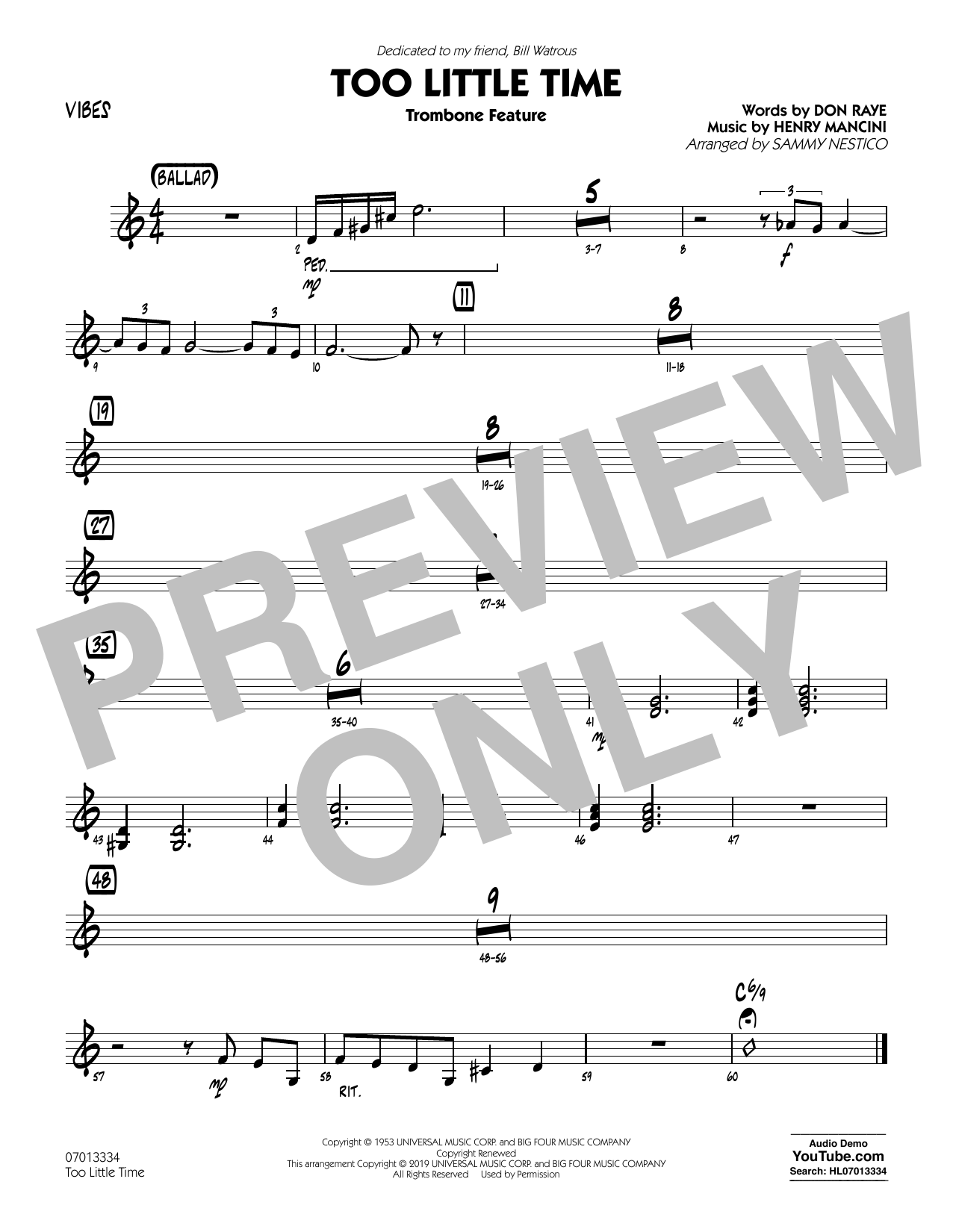 Learn to play Henry Mancini Too Little Time (arr. Sammy Nestico) - Conductor Score (Full Score) - Vibes sheet music for Jazz Ensemble in minutes. Henry Mancini Too Little Time (arr. Sammy Nestico) - Conductor Score (Full Score) - Vibes sheet music preview music notes and score for Jazz Ensemble including 1 page(s)
