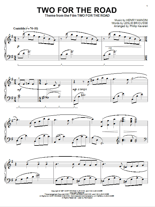 Learn to play Henry Mancini Two For The Road sheet music for Piano in minutes. Henry Mancini Two For The Road sheet music preview music notes and score for Piano including 5 page(s)