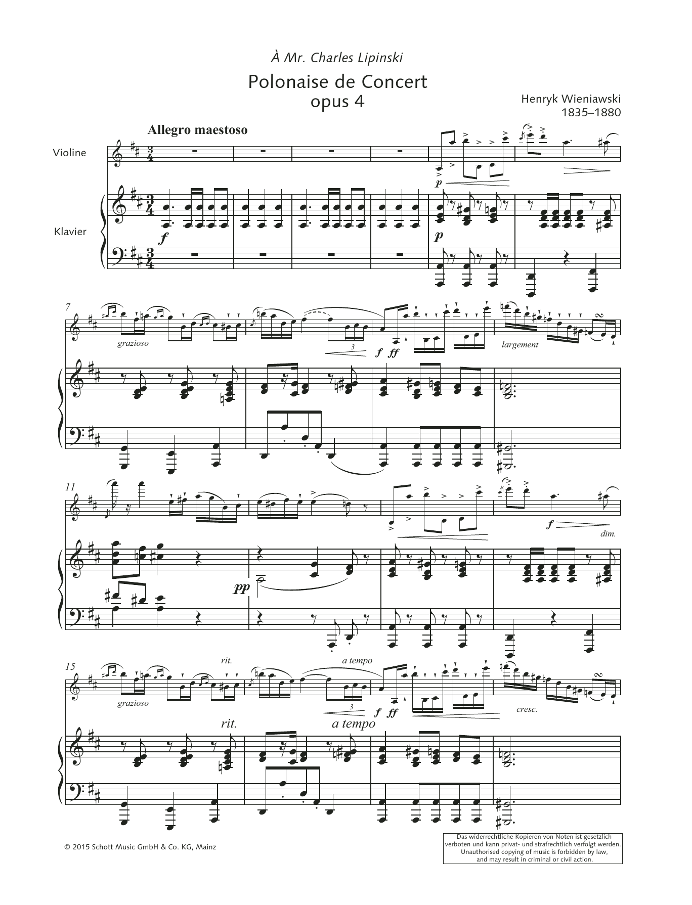 Learn to play Henryk Wieniawski Polonaise de Concert sheet music for String Solo in minutes. Henryk Wieniawski Polonaise de Concert sheet music preview music notes and score for String Solo including 14 page(s)