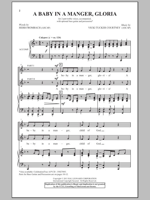 Herb Frombach A Baby In A Manger, Gloria! sheet music, chords, lyrics - Printable PDF for 2-Part Choir