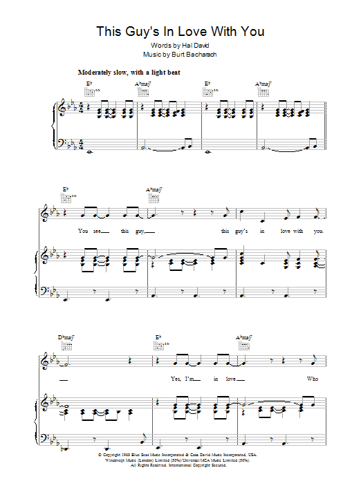 Learn to play Herb Alpert & The Tijuana Brass This Guy's In Love With You sheet music for Piano, Vocal & Guitar (Right-Hand Melody) in minutes. Herb Alpert & The Tijuana Brass This Guy's In Love With You sheet music preview music notes and score for Piano, Vocal & Guitar (Right-Hand Melody) including 3 page(s)