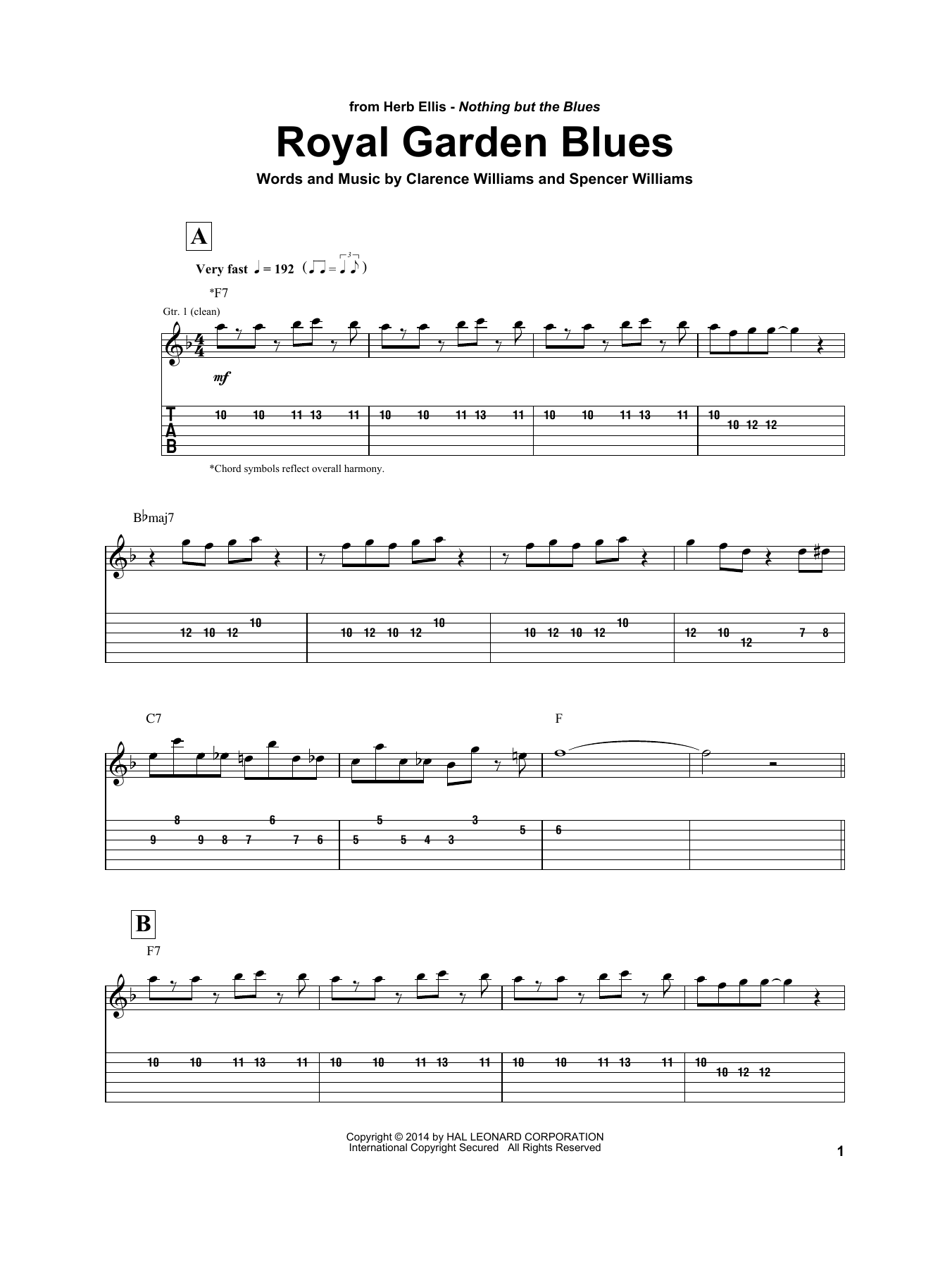 Herb Ellis Royal Garden Blues sheet music preview music notes and score for Electric Guitar Transcription including 11 page(s)