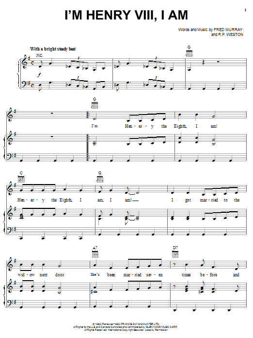 Herman's Hermits I'm Henry VIII, I Am sheet music preview music notes and score for Piano, Vocal & Guitar (Right-Hand Melody) including 3 page(s)