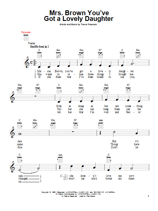 Learn to play Herman's Hermits Mrs. Brown You've Got A Lovely Daughter sheet music for E-Z Play Today in minutes. Herman's Hermits Mrs. Brown You've Got A Lovely Daughter sheet music preview music notes and score for E-Z Play Today including 2 page(s)