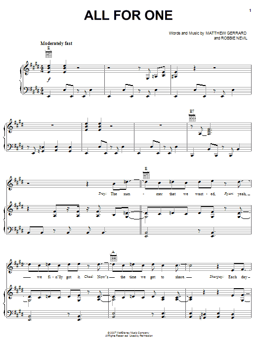 Learn to play High School Musical 2 All For One sheet music for Piano, Vocal & Guitar (Right-Hand Melody) in minutes. High School Musical 2 All For One sheet music preview music notes and score for Piano, Vocal & Guitar (Right-Hand Melody) including 12 page(s)