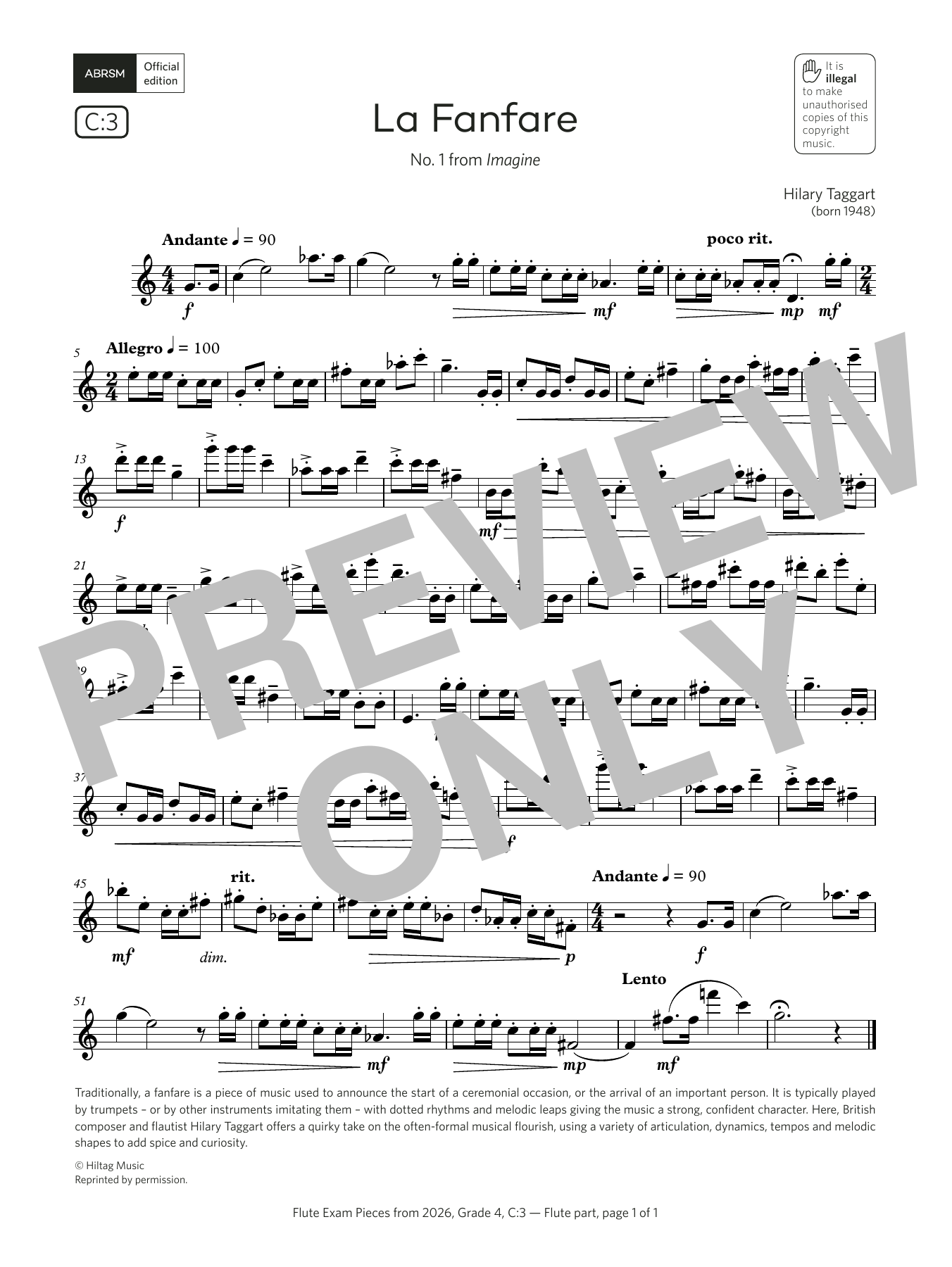 Hilary Taggart La Fanfare (Grade 4, list C3, from the ABRSM Flute Syllabus from 2026) sheet music, chords, lyrics - Printable PDF for Flute Solo