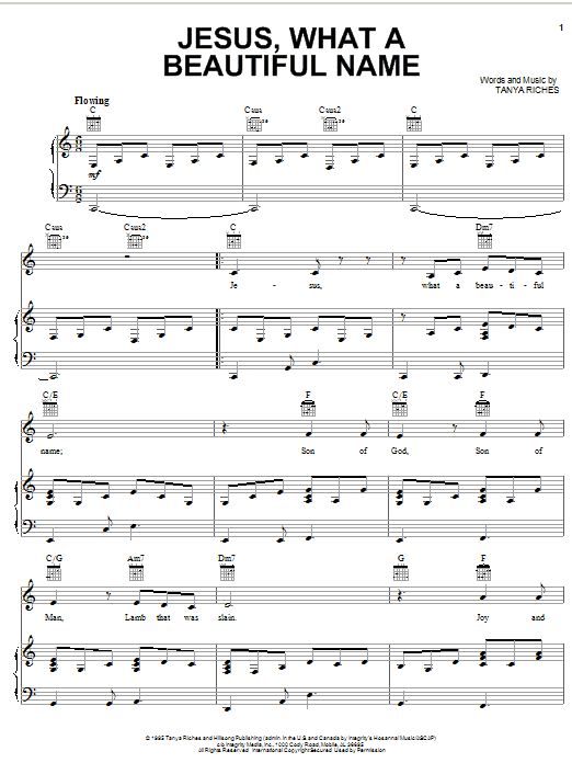 Tanya Riches Jesus, What A Beautiful Name sheet music, chords, lyrics - Printable PDF for Piano, Vocal & Guitar (Right-Hand Melody)